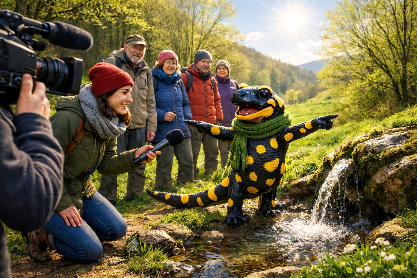 Interview-Szene beim Rhein-Main-Link-Spaziergang in Breckenheim